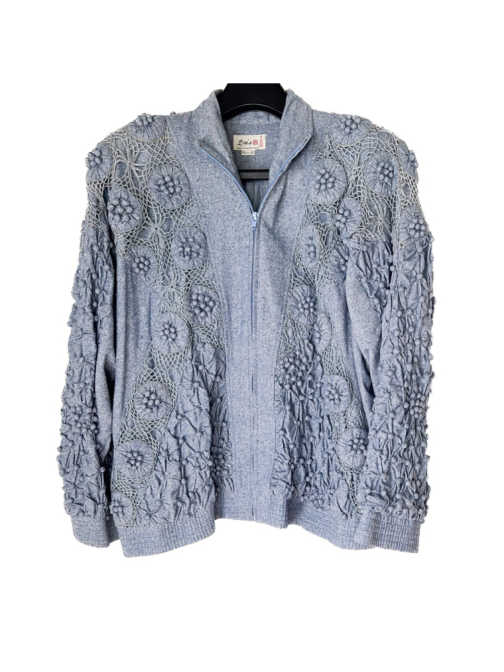 VTG LIM'S Shanghai Jacket 100% Silk 3D Crochet Boho Blue Bomber Art to Wear RARE